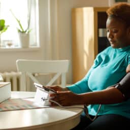 Woman sitting at a table checking her blood pressure at home.